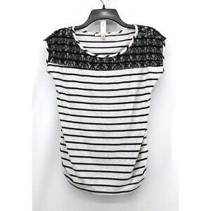 Maria Gabrielle Shirt Womens Size PM Black Gray Striped Lace Neck Line Top